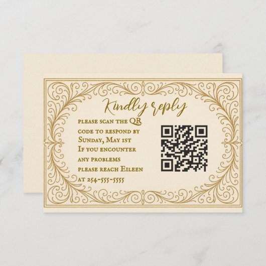 Filigree Fleur QR Code Wedding RSVP Card (正面/裏面)