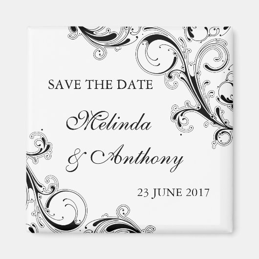 Filigree Swirl Black w/White日付を保存 マグネット (正面)