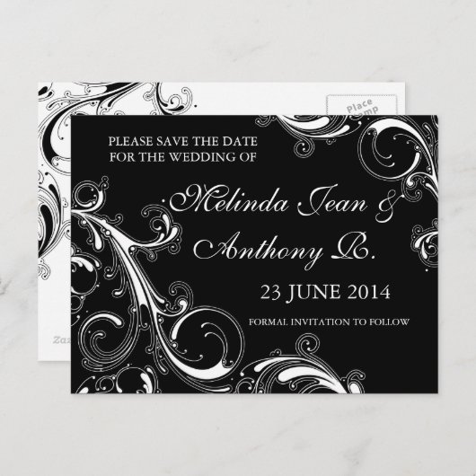 Filigree Swirl Black w/White日付を保存 案内ポストカード (正面/裏面)