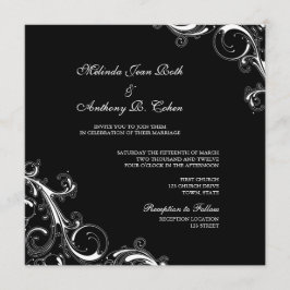 Filigree Swirl Black w/White Square 結婚's 招待状
