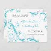 Filigree Swirl Blue Curacao日付を保存 案内ポストカード (正面/裏面)