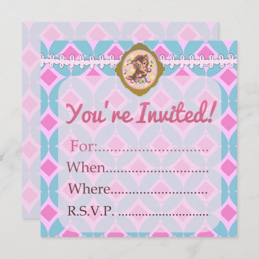 Fill-Inかわいいレトロ子猫カスタム空白の- 招待状 (正面/裏面)