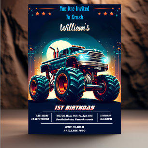 Fill Kids Boy Cars クール Monster Truck 1st誕生日 招待状