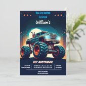 Fill Kids Boy Cars クール Monster Truck 1st誕生日 招待状 (スタンド正面)