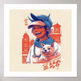 Fille du Japon avec son chien ポスター