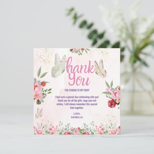 Filles Mignonnes Papillon Rose Violet Anniversaire サンキューカード (スタンド正面)