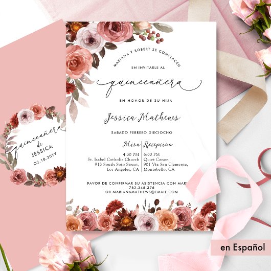 Fina Invitación Con Flores En Rosa De Quinceañera 招待状