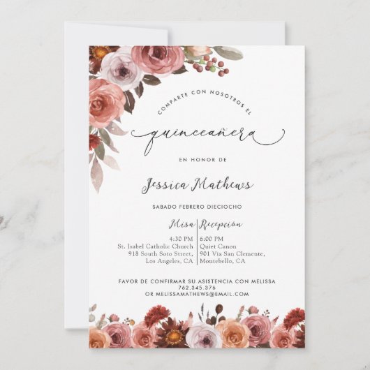 Fina Invitación de Quinceañera con Flores en Rosa 招待状 (正面)