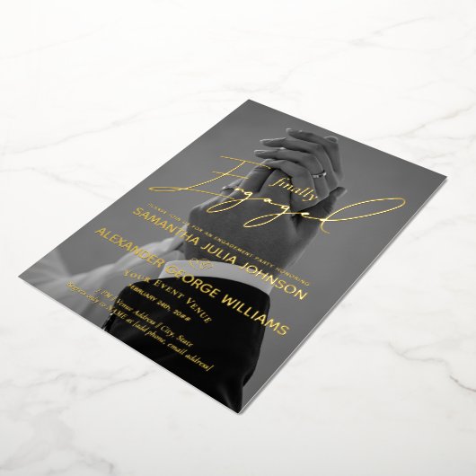 Finally 婚約した Script 2フォト婚約パーティ 箔招待状 (回転した状態)