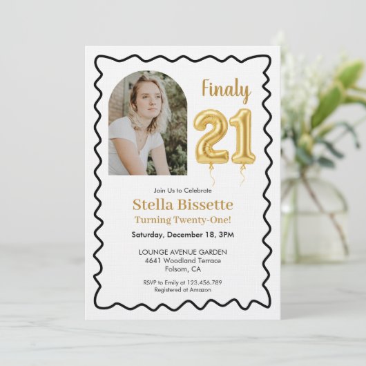 Finally 21 | Modern Gold Balloon Photo Birthday 招待状 (スタンド正面)