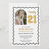 Finally 21 | Modern Gold Balloon Photo Birthday 招待状 (正面/裏面)