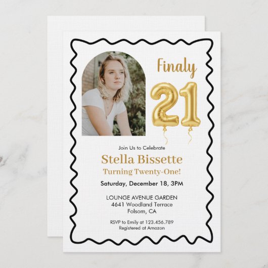 Finally 21 | Modern Gold Balloon Photo Birthday 招待状 (正面/裏面)