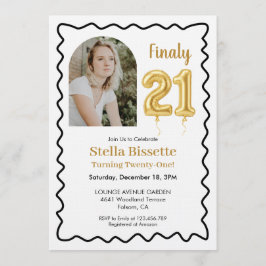 Finally 21 | Modern Gold Balloon Photo Birthday 招待状