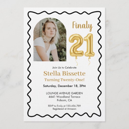 Finally 21 | Modern Gold Balloon Photo Birthday 招待状 (正面)