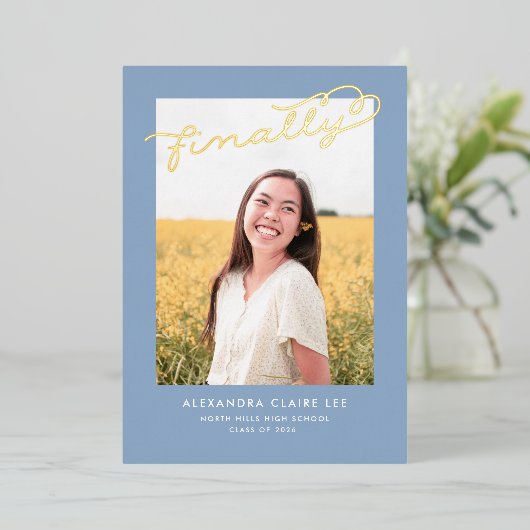 Finally Gold Foil on Blue卒業発表 箔招待状 (立ち正面)