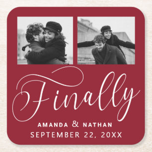 Finally Minimalist結婚の2枚の写真Save the Date スクエアペーパーコースター