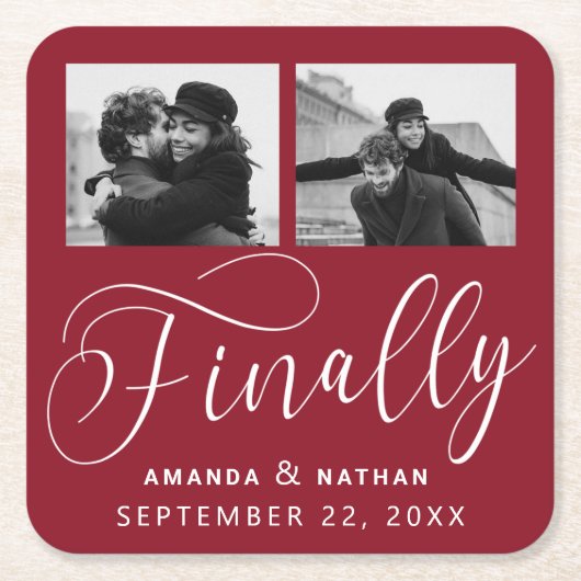 Finally Minimalist結婚の2枚の写真Save the Date スクエアペーパーコースター (正面)