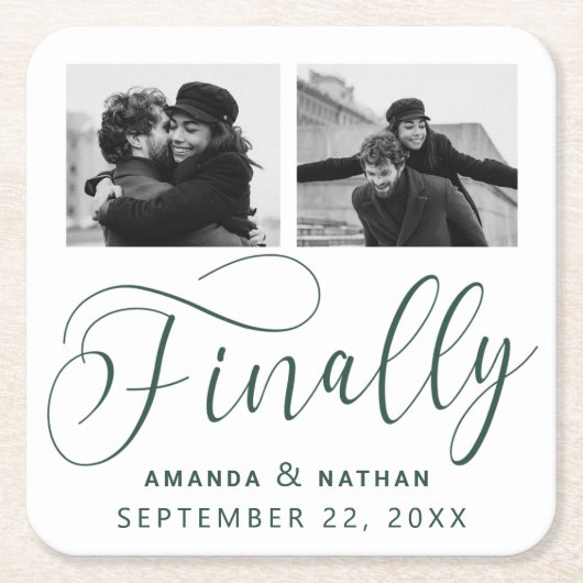 Finally Minimalist結婚の2枚の写真Save the Date スクエアペーパーコースター (正面)