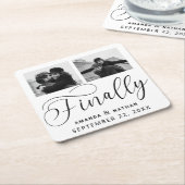Finally Minimalist結婚の2枚の写真Save the Date スクエアペーパーコースター (アングル)