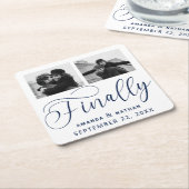 Finally Minimalist結婚の2枚の写真Save the Date スクエアペーパーコースター (アングル)