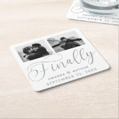 Finally Minimalist結婚の2枚の写真Save the Date スクエアペーパーコースター (アングル)