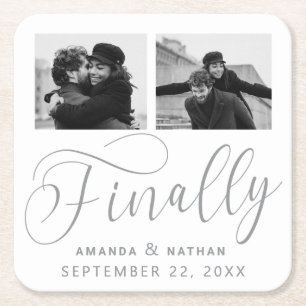 Finally Minimalist結婚の2枚の写真Save the Date スクエアペーパーコースター