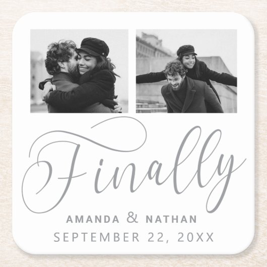 Finally Minimalist結婚の2枚の写真Save the Date スクエアペーパーコースター (正面)