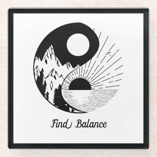 Find Balance禅陰陽白黒 ガラスコースター (正面)