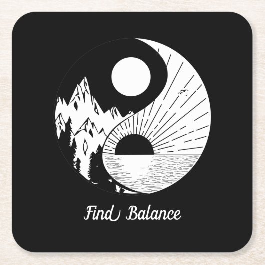 Find Balance禅陰陽白黒 スクエアペーパーコースター (正面)