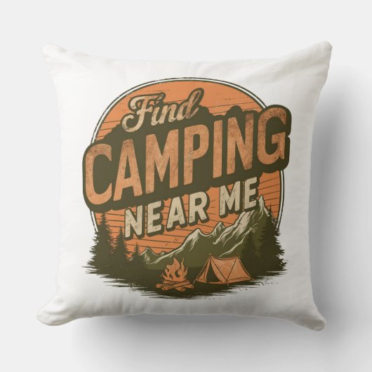 Find Camping Near Me – Retro Camping Throw Pillow クッション (正面)