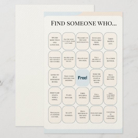 Find Someone Who Classroom Bingo Activity 便箋 (正面/裏面)