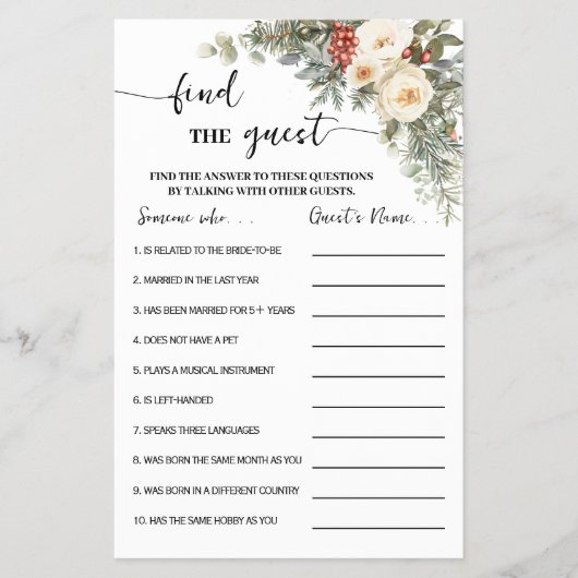 Find the Guest Winter Bridal Shower Game Card チラシ (正面)
