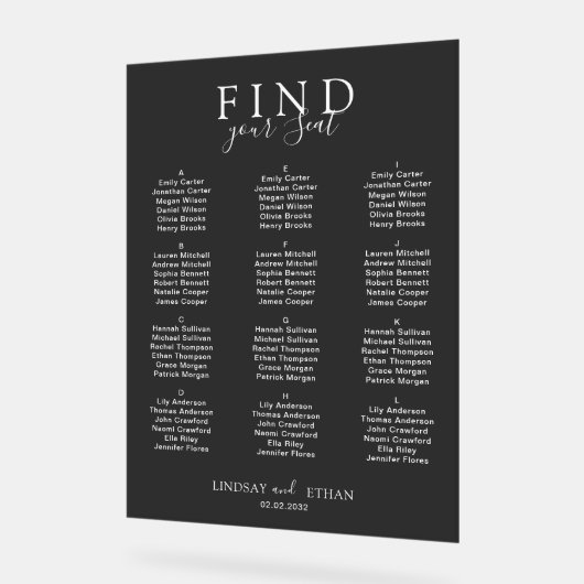 Find Your Seat! Elegant Black Transparent Wedding アクリルサイン (傾斜)