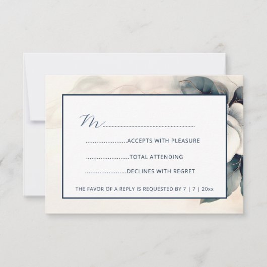 Fine Art 3D Flower Blue Ivory 出欠カード (正面)