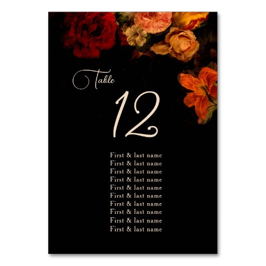 Fine Art Dark Moody Floral Wedding  Seating Chart テーブルナンバー (正面)