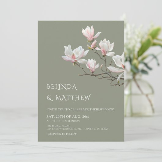 Fine Art Magnolia Casual Sage Green Wedding 招待状 (スタンド正面)