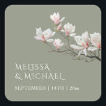 Fine Art Magnolia Wedding  スクエアシール<br><div class="desc">Fine art magnolia sage green wedding sticker with bride and groom names and your wedding date.</div>