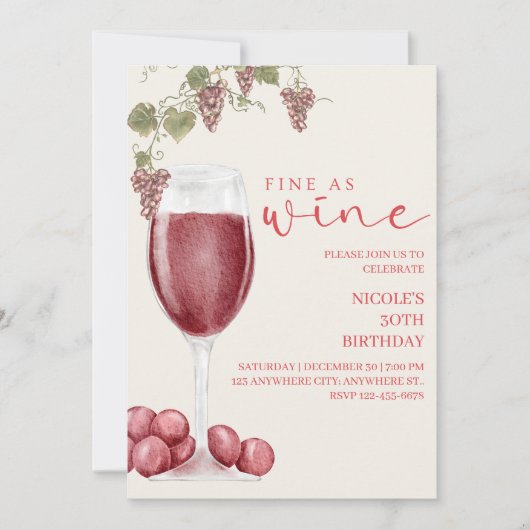 Fine as Wine Elegant Wine Tasting Birthday Invite 招待状 (正面)