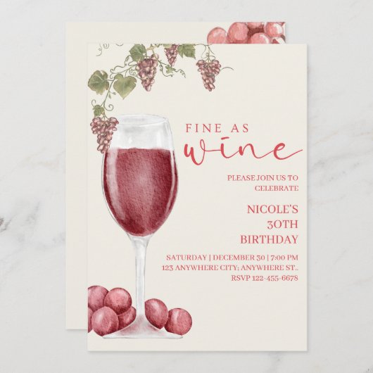 Fine as Wine Elegant Wine Tasting Birthday Invite 招待状 (正面/裏面)