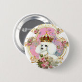fini clr bkgrndの白いプードルウィピンクローズ金ゴールド 缶バッジ (正面&裏面)
