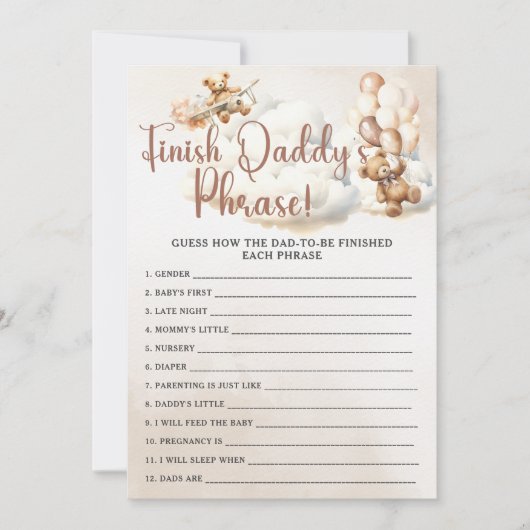 FINISH DADDY'S PHRASE赤ちゃんシャワーゲームかわいいクマ 招待状 (正面)