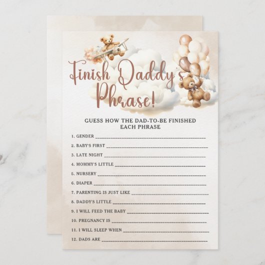 FINISH DADDY'S PHRASE赤ちゃんシャワーゲームかわいいクマ 招待状 (正面/裏面)