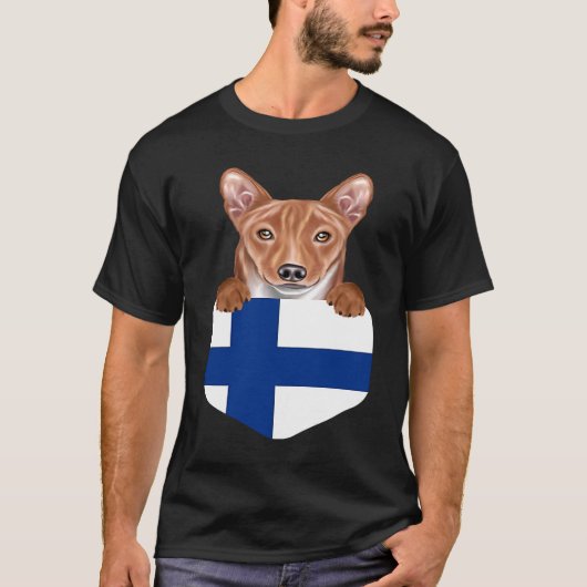 Finland Flag Basenji Dog In Pocket Tシャツ (正面)