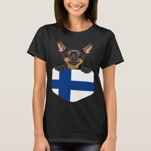 Finland Flag Miniature Pinscher Dog In Pocket Tシャツ (正面)