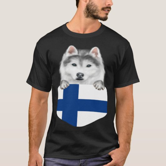 Finland Flag Siberian Husky Dog In Pocket Tシャツ (正面)
