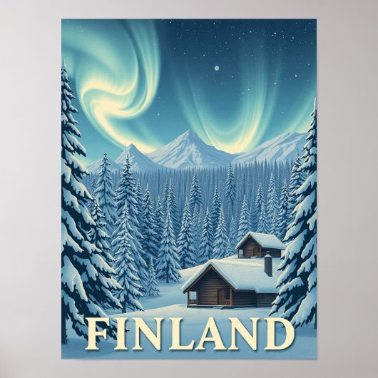 Finland Northern Lights Winter Cabin Poster Print ポスター (正面)