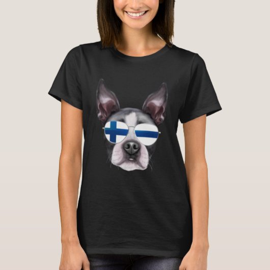 Finnish Flag Boston Terrier Dog Finland Pocket Tシャツ (正面)