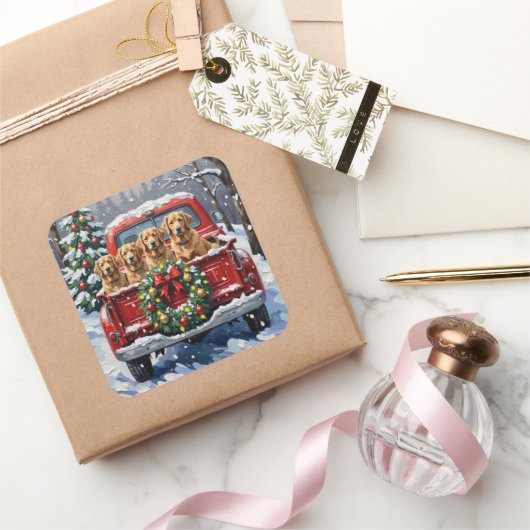 Finnish Lapphund Christmas Red Truck Holiday スクエアシール (ギフト)