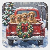 Finnish Lapphund Christmas Red Truck Holiday スクエアシール (正面)