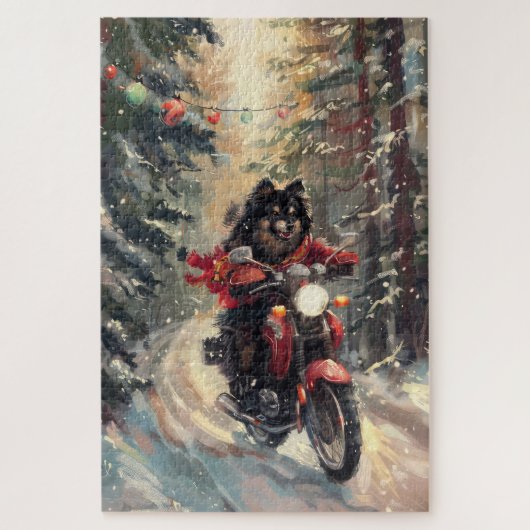 Finnish Lapphund Dog Riding Motorcycle Christmas  ジグソーパズル (縦)